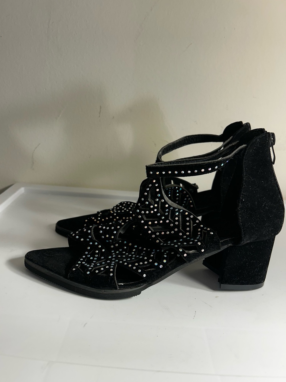 Black Rhinestone Cutout Strappy Chunky Block Heel Sandals Size 39